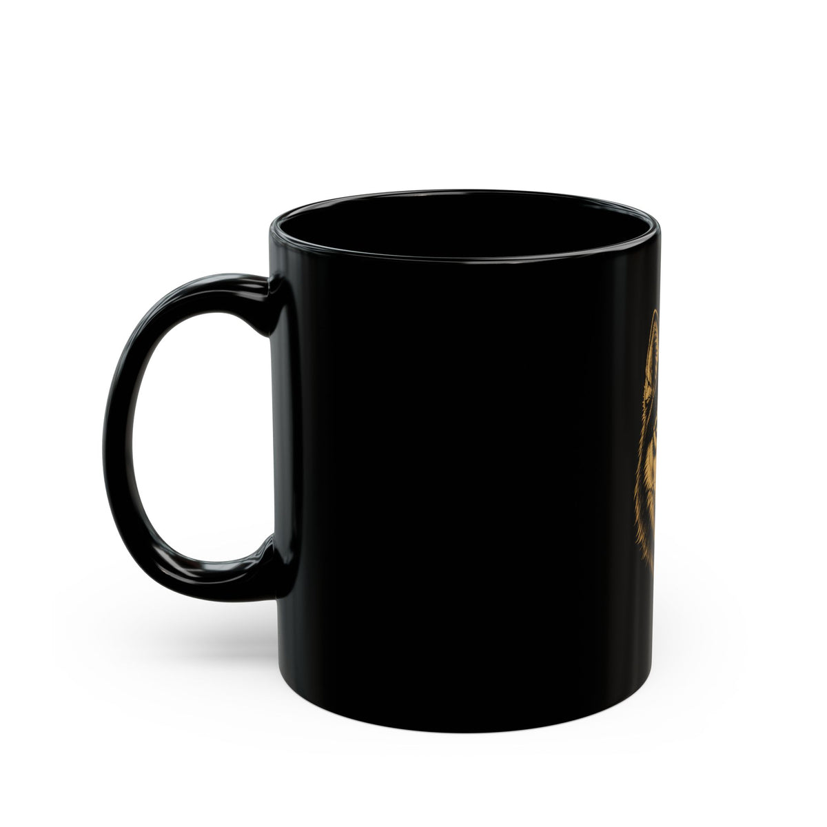Wolf Head Black Ceramic Mug — 11oz/15oz Rustic Gold Wolf Face Coffee Cup
