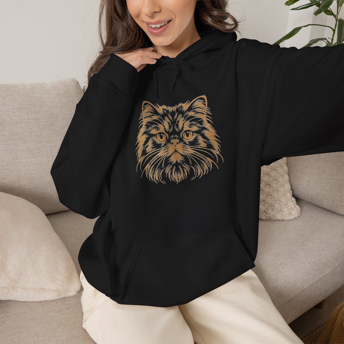 Gold Persian Cat Hoodie — Vintage Feline Face Graphic Sweatshirt