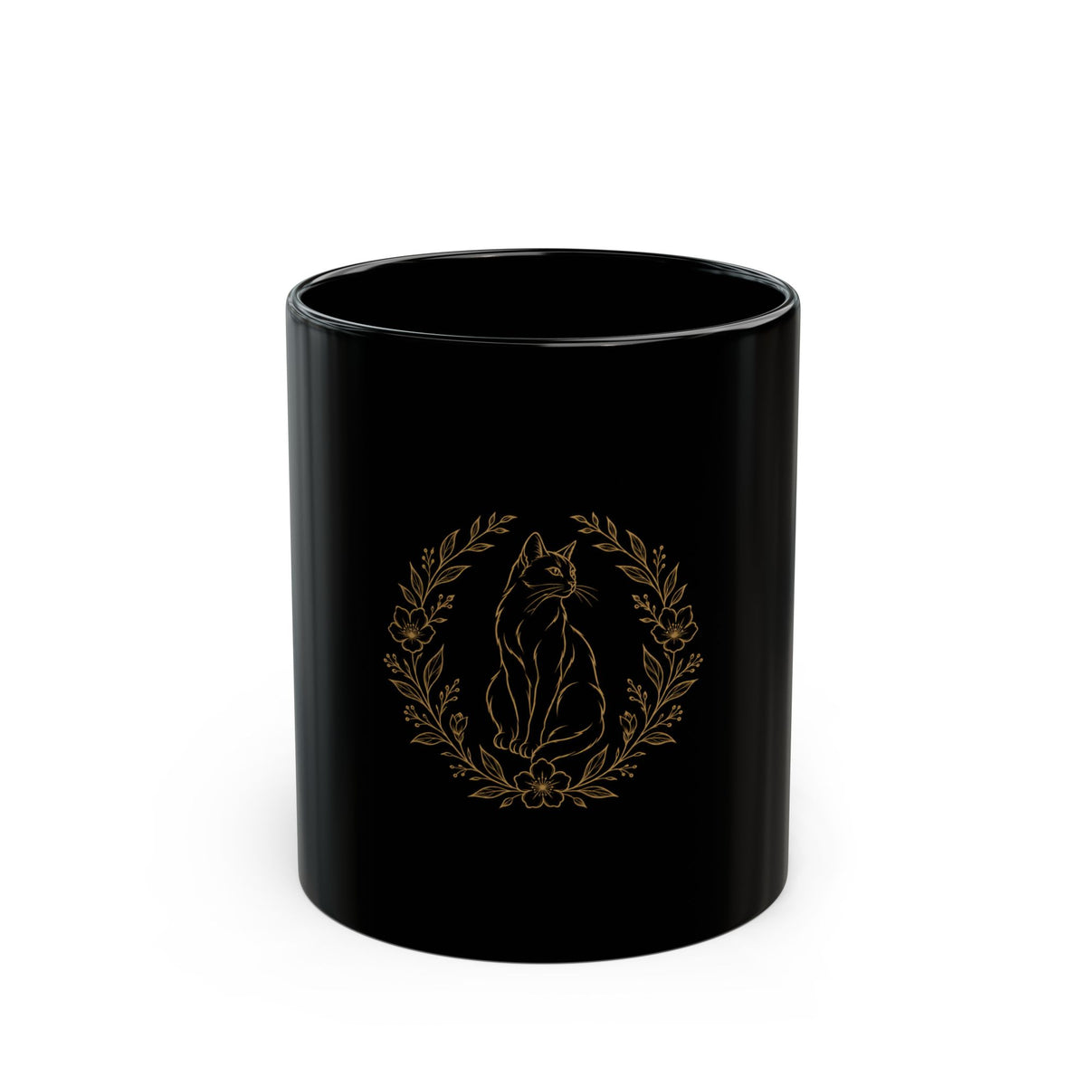 Black Cat Laurel Circle Ceramic Mug — Elegant Gothic Coffee Cup (11oz, 15oz)