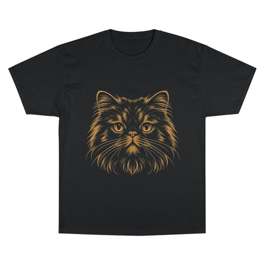 Persian Cat Portrait T-Shirt — Gold Feline Face Graphic Tee