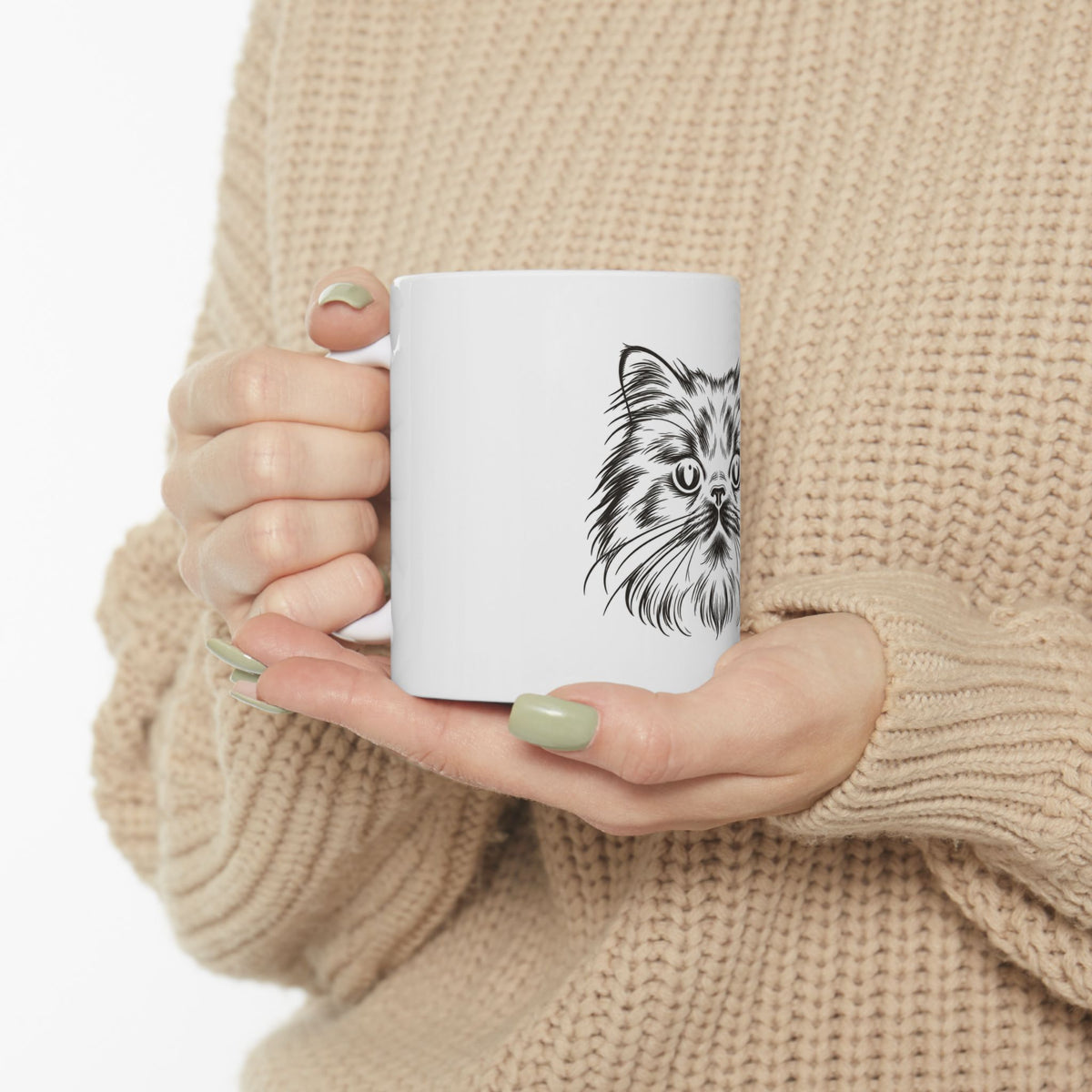 Black Cat Face Ceramic Mug — Artistic Cat Lover Coffee Cup (11oz, 15oz)