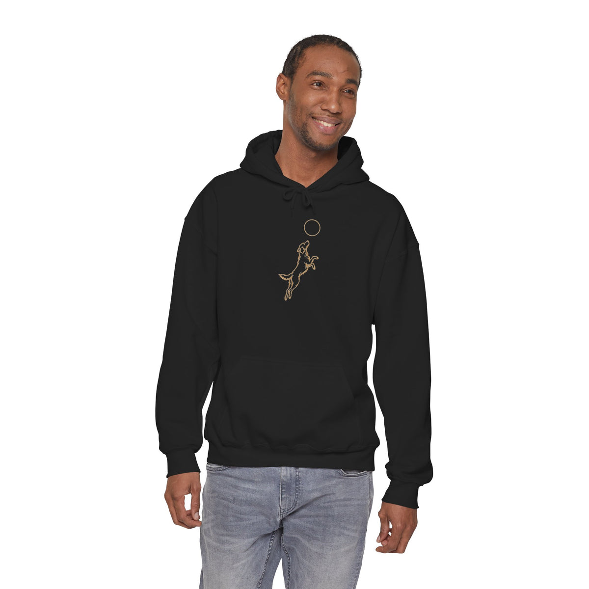 Dog Playing Frisbee Hoodie – Minimalist Golden Line Art Hoodie for Dog Lovers