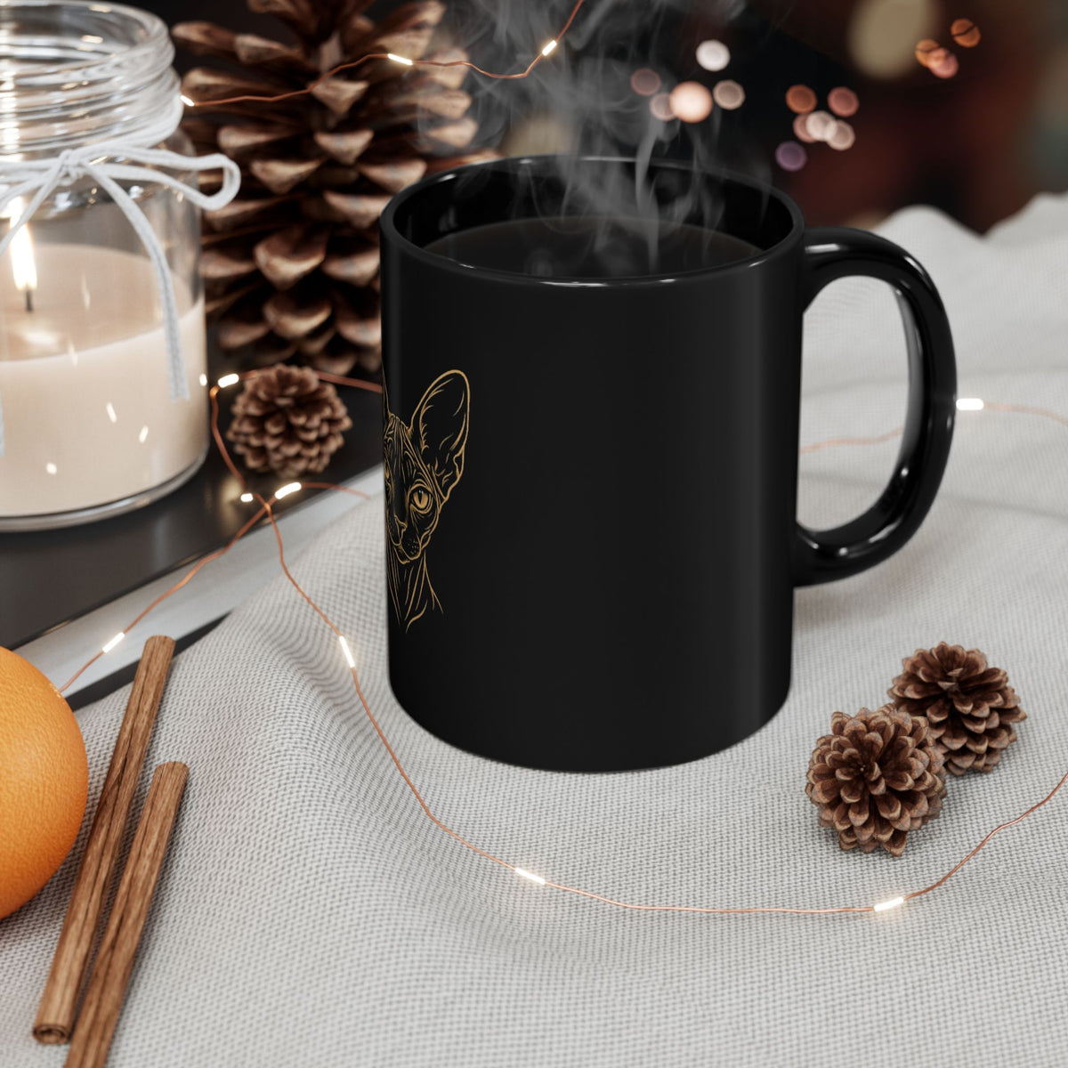 Gold Sphynx Cat Black Ceramic Mug – Gothic Cat Lover Coffee Cup