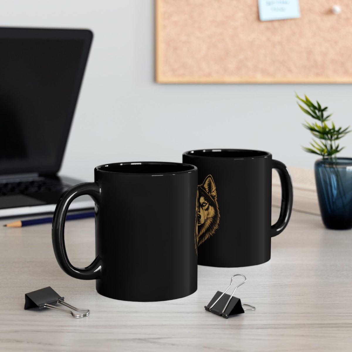 Wolf Head Black Ceramic Mug — 11oz/15oz Rustic Gold Wolf Face Coffee Cup