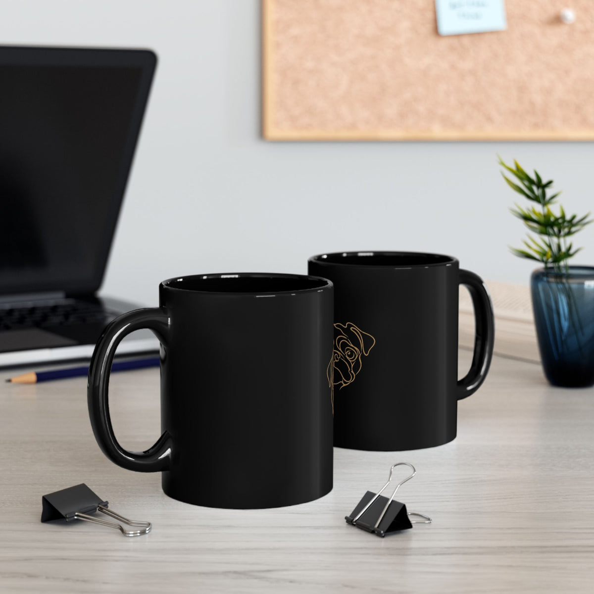 Pug Portrait Black Coffee Mug — Minimal Gold Line Dog Art (11oz & 15oz)