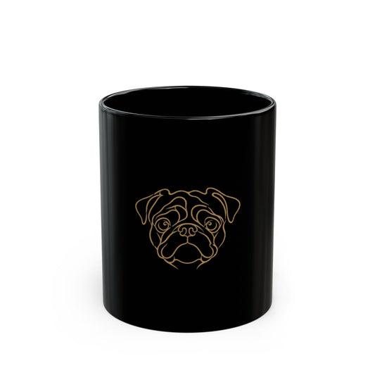 Pug Portrait Black Coffee Mug — Minimal Gold Line Dog Art (11oz & 15oz)