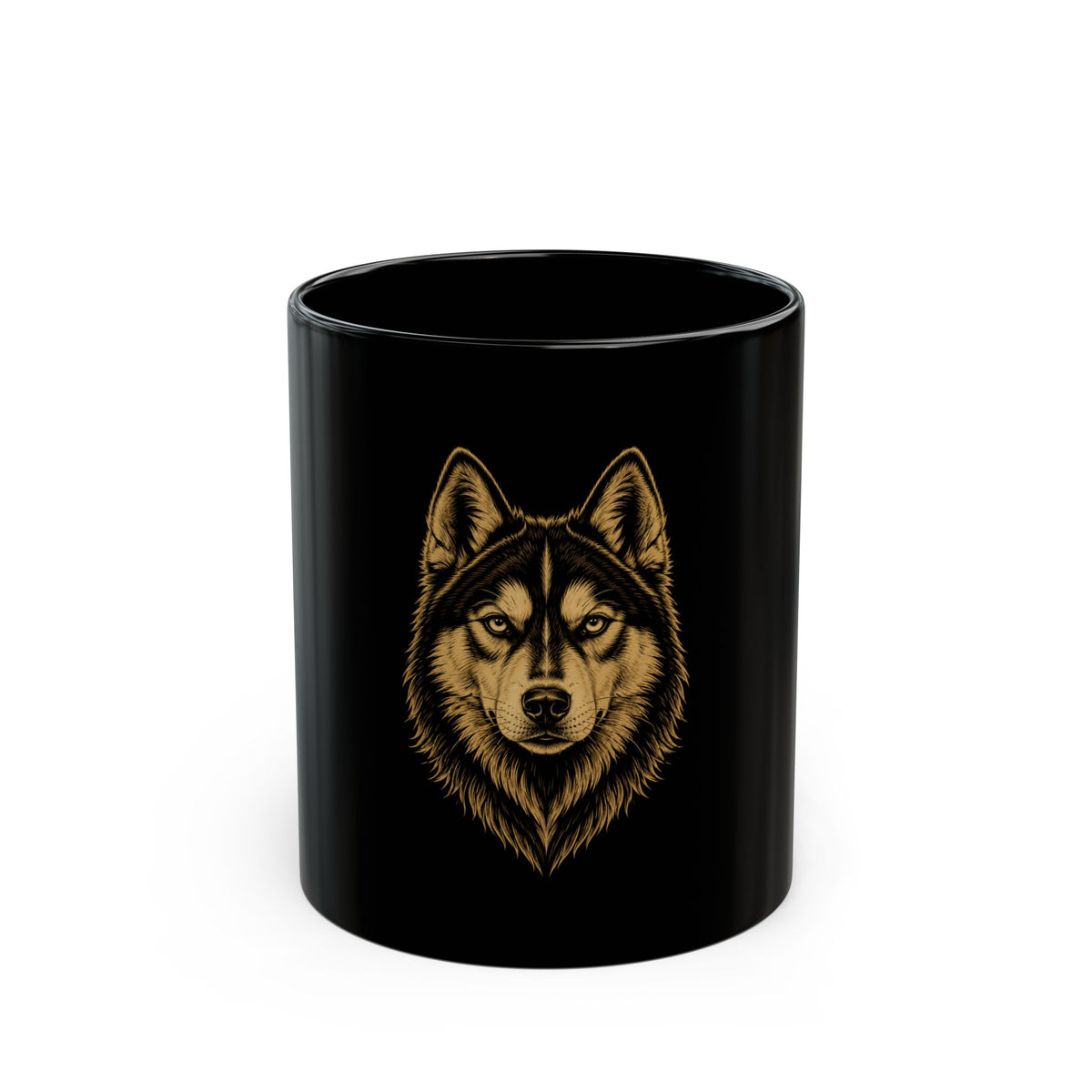 Wolf Head Black Ceramic Mug — 11oz/15oz Rustic Gold Wolf Face Coffee Cup