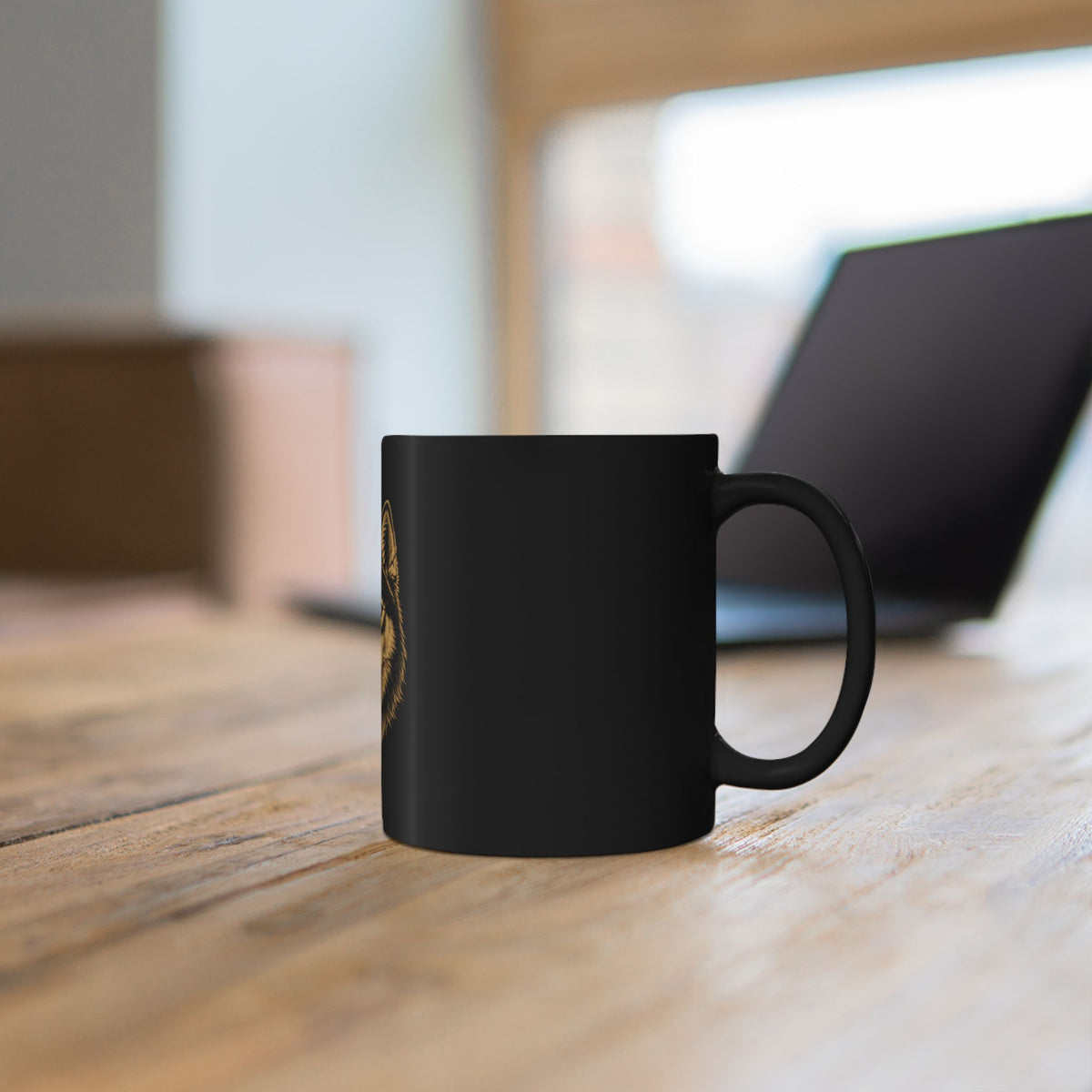 Wolf Head Black Ceramic Mug — 11oz/15oz Rustic Gold Wolf Face Coffee Cup