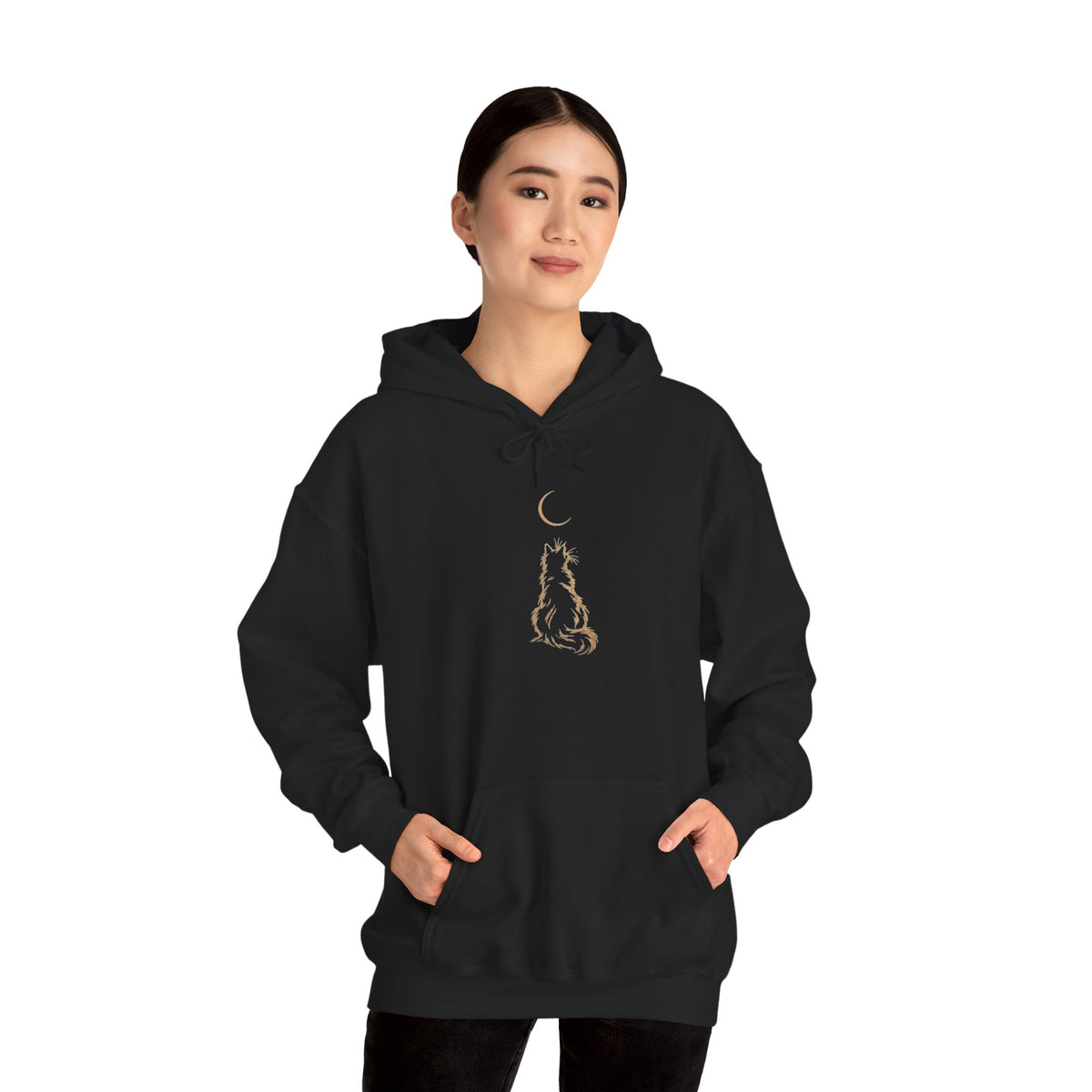 Moonlit Wolf Hoodie — Minimal Gold Wolf & Crescent Moon Graphic