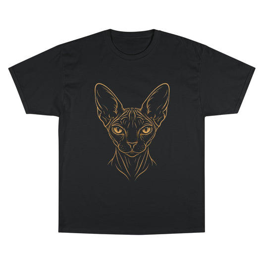 Sphynx Cat Line Art T-Shirt — Gold Outline Minimalist Cat Portrait Tee