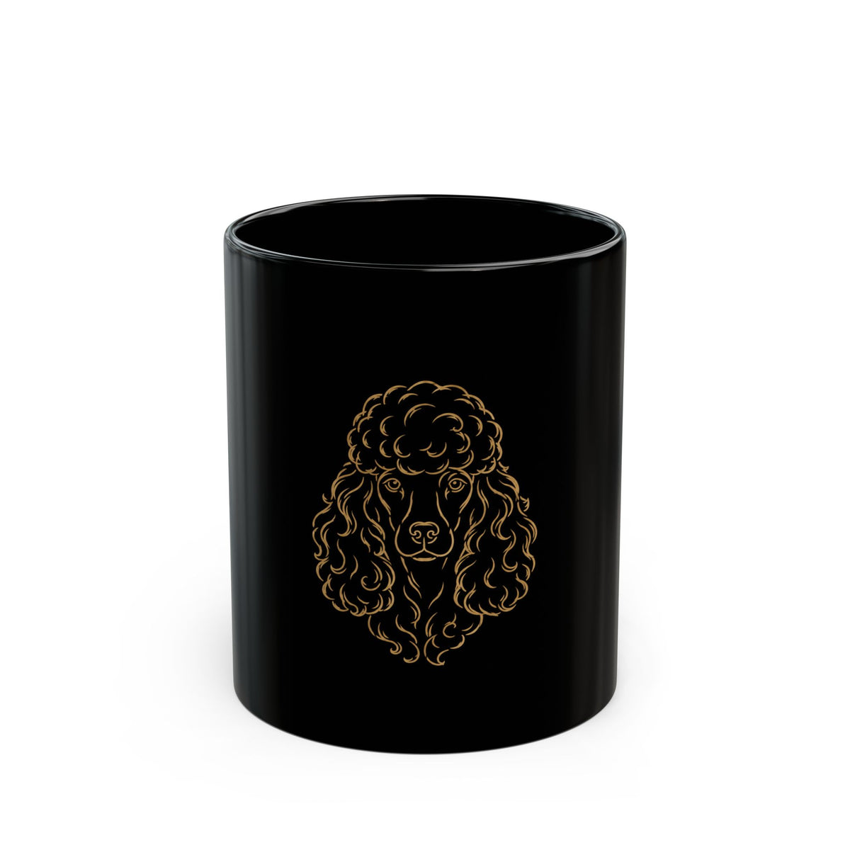 Poodle Portrait Black Ceramic Mug — Gold Line Art Dog Coffee Cup (11oz/15oz)