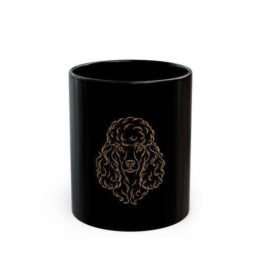 Poodle Portrait Black Ceramic Mug — Gold Line Art Dog Coffee Cup (11oz/15oz)