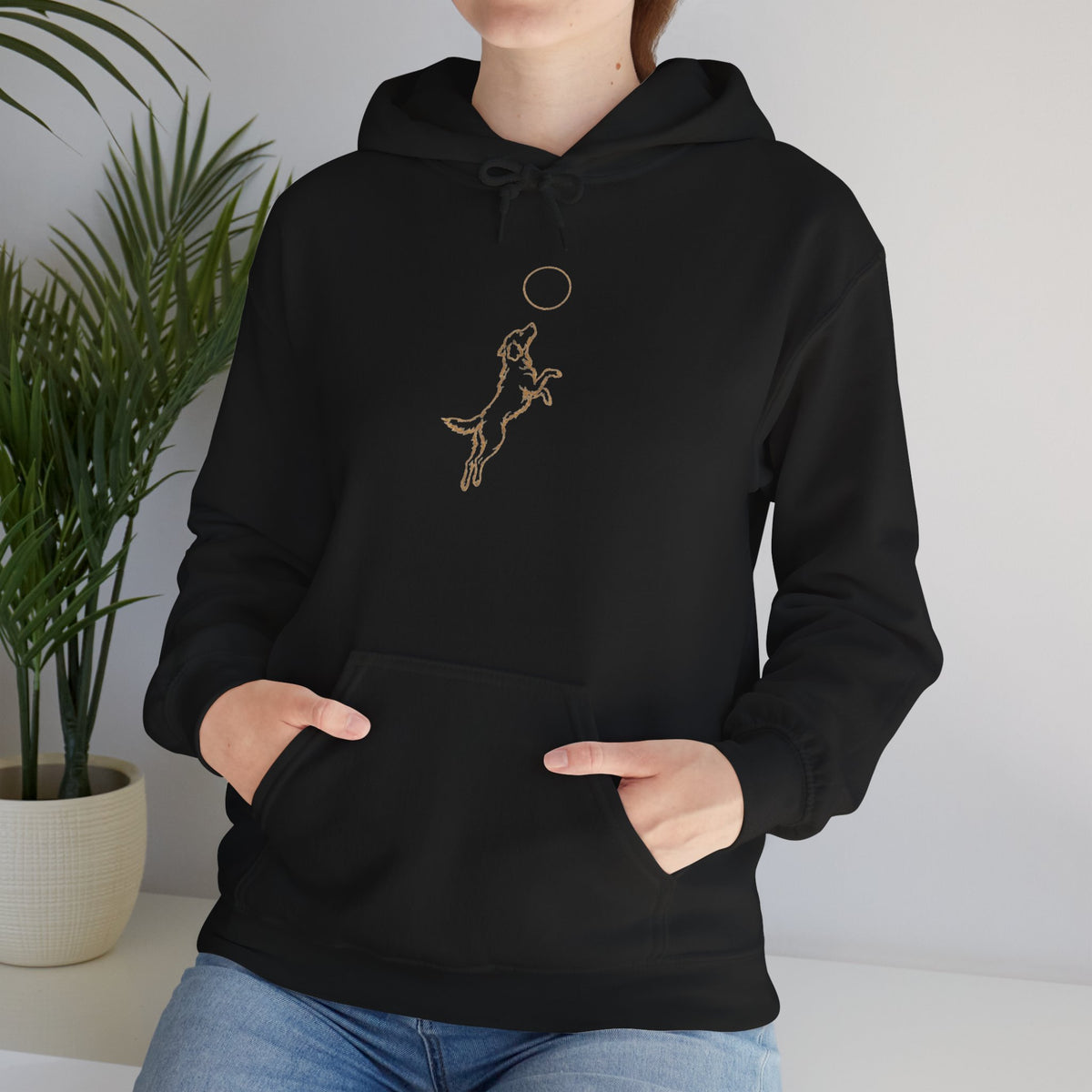 Dog Playing Frisbee Hoodie – Minimalist Golden Line Art Hoodie for Dog Lovers