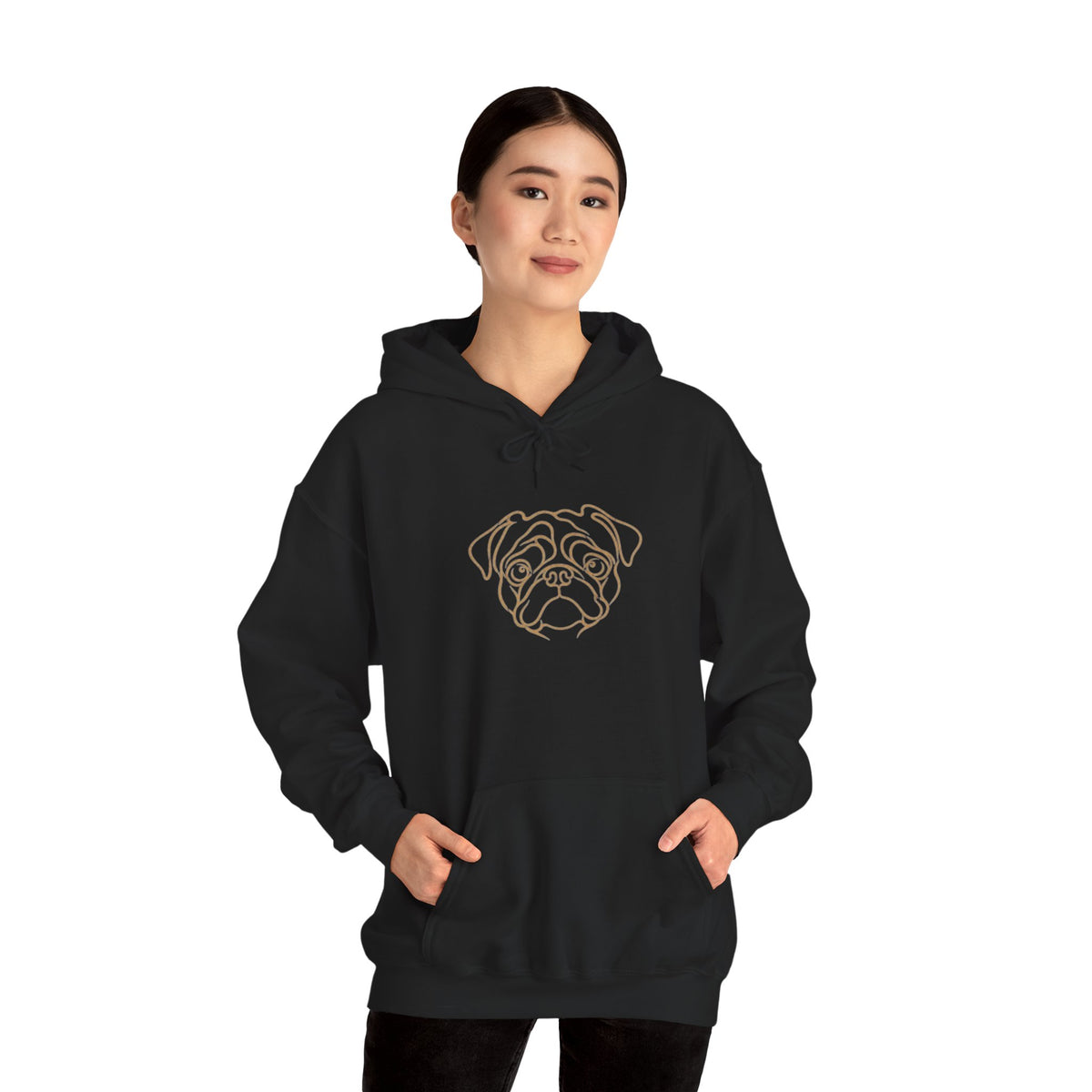 Pug Line Art Hoodie — Minimal Gold Dog Portrait Pullover