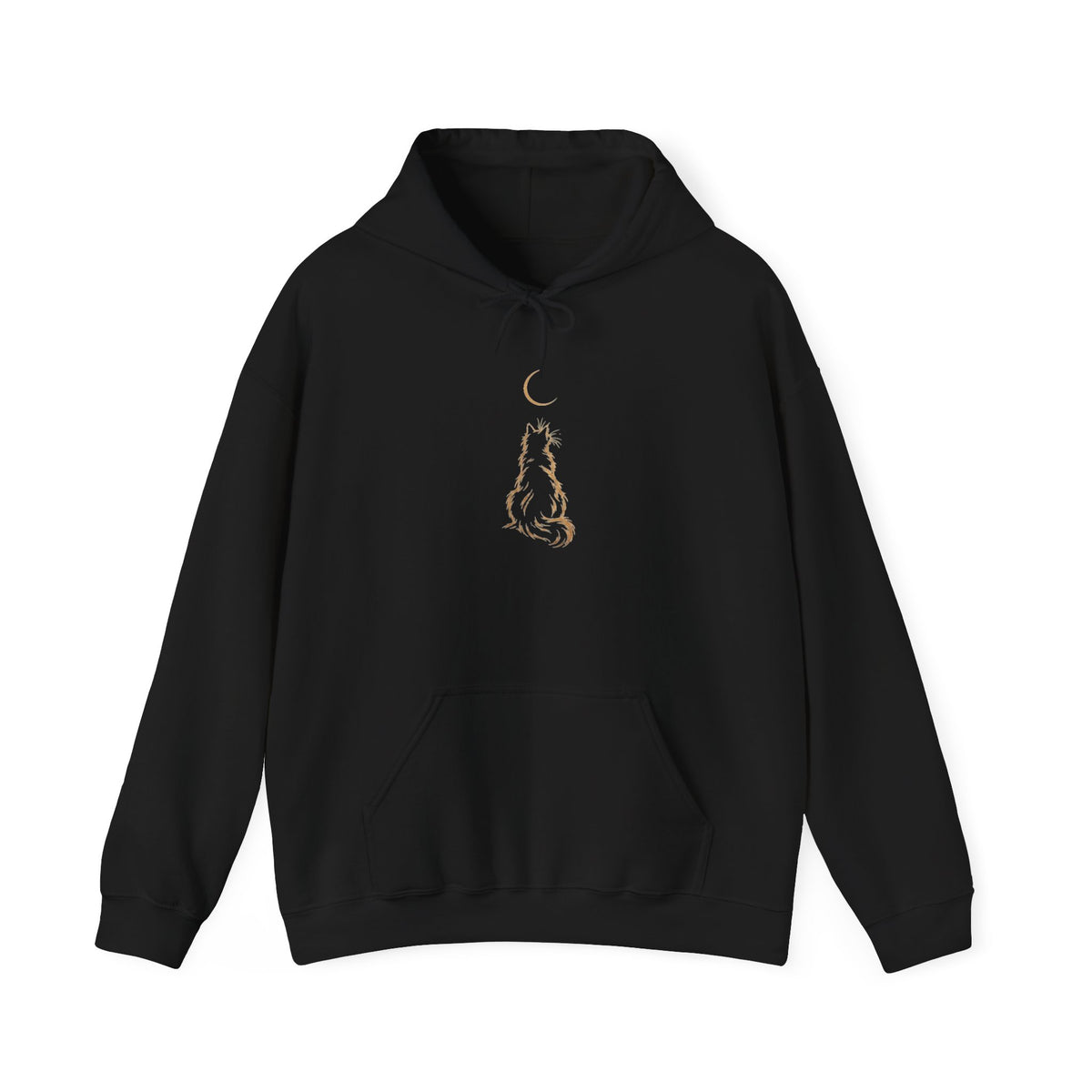 Moonlit Wolf Hoodie — Minimal Gold Wolf & Crescent Moon Graphic