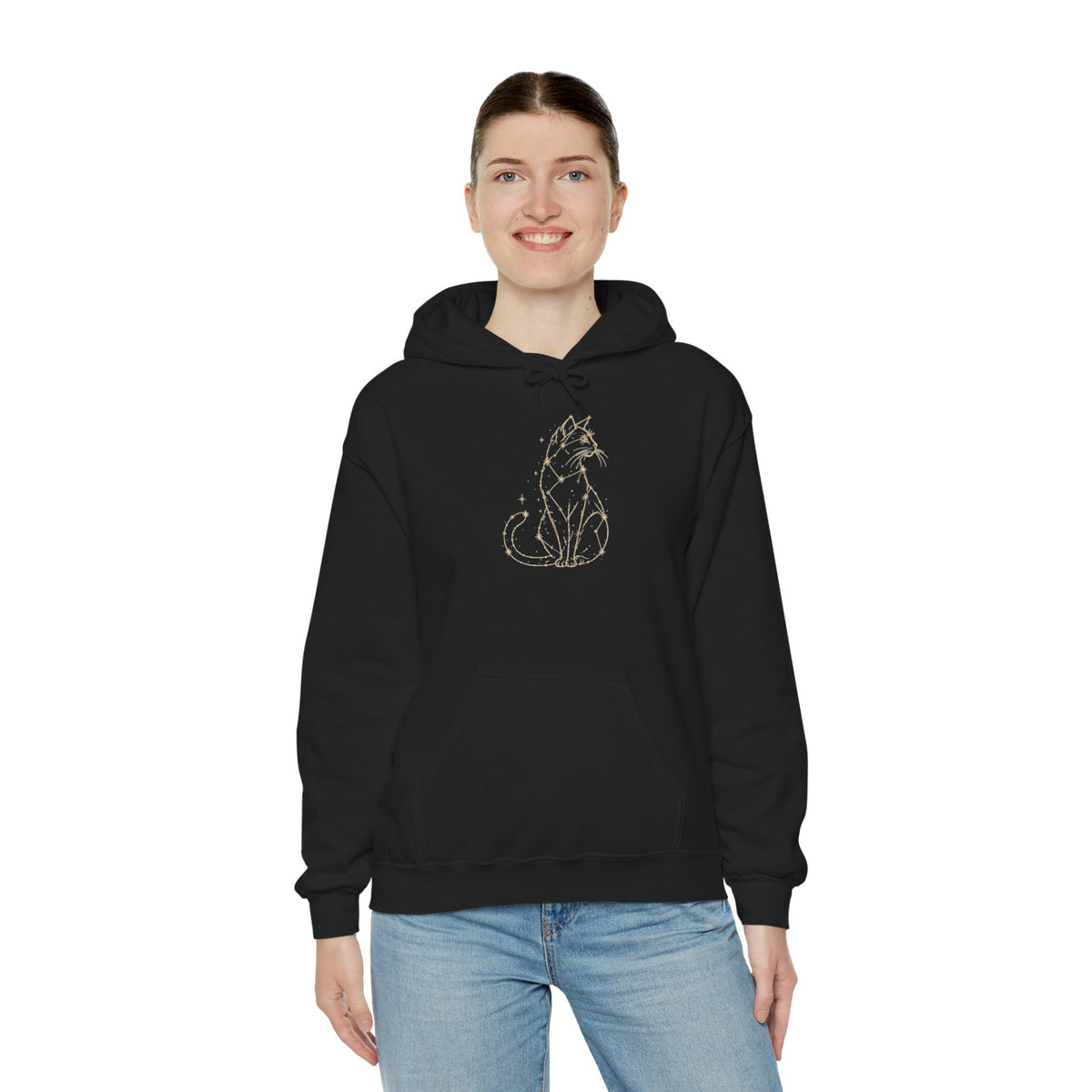 Celestial Line Art Cat Hoodie – Gold Starry Fox/Cat Graphic Sweatshirt