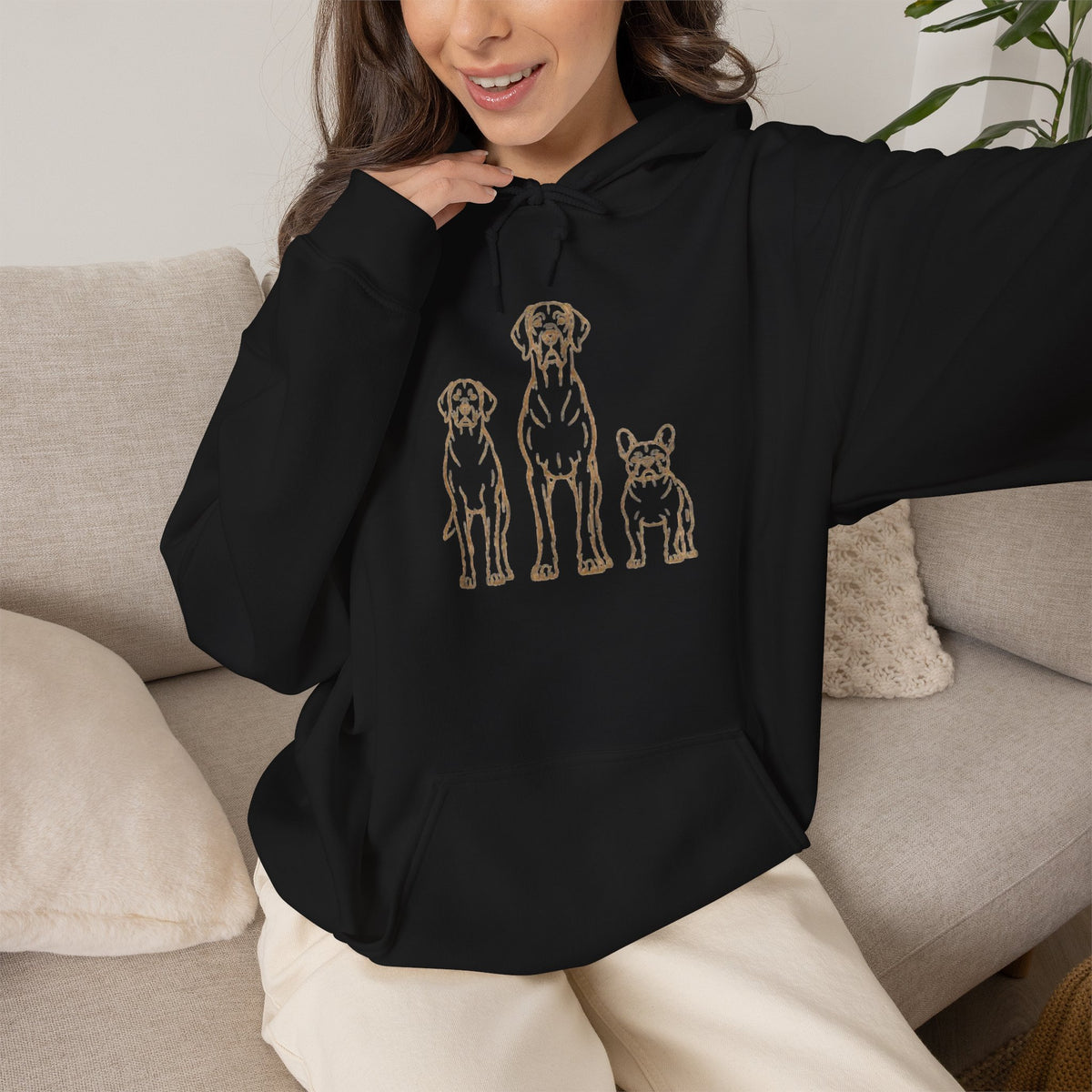 Minimal Outline Dog Trio Hoodie — Cute Golden Line Art Pet Sweatshirt