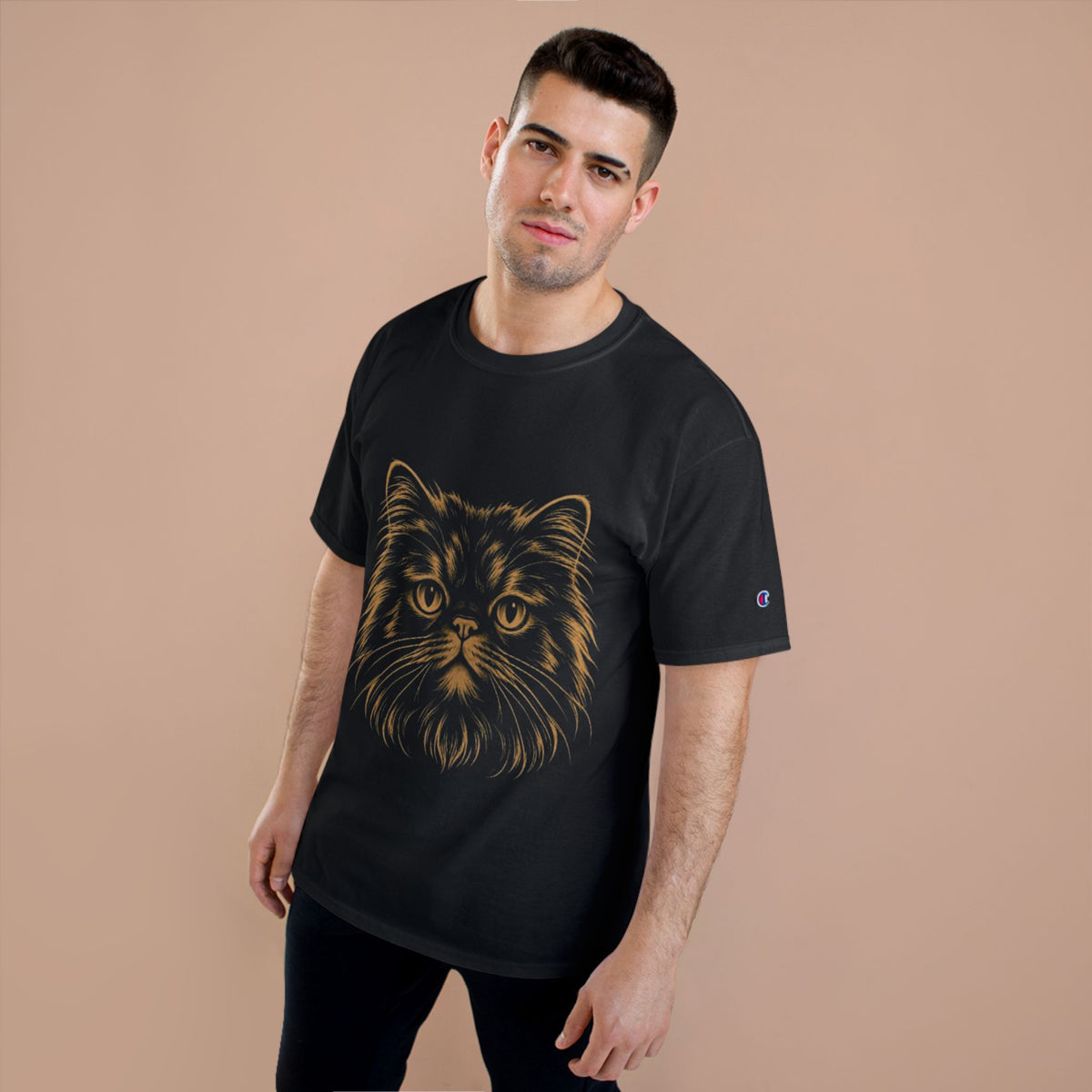 Persian Cat Portrait T-Shirt — Gold Feline Face Graphic Tee