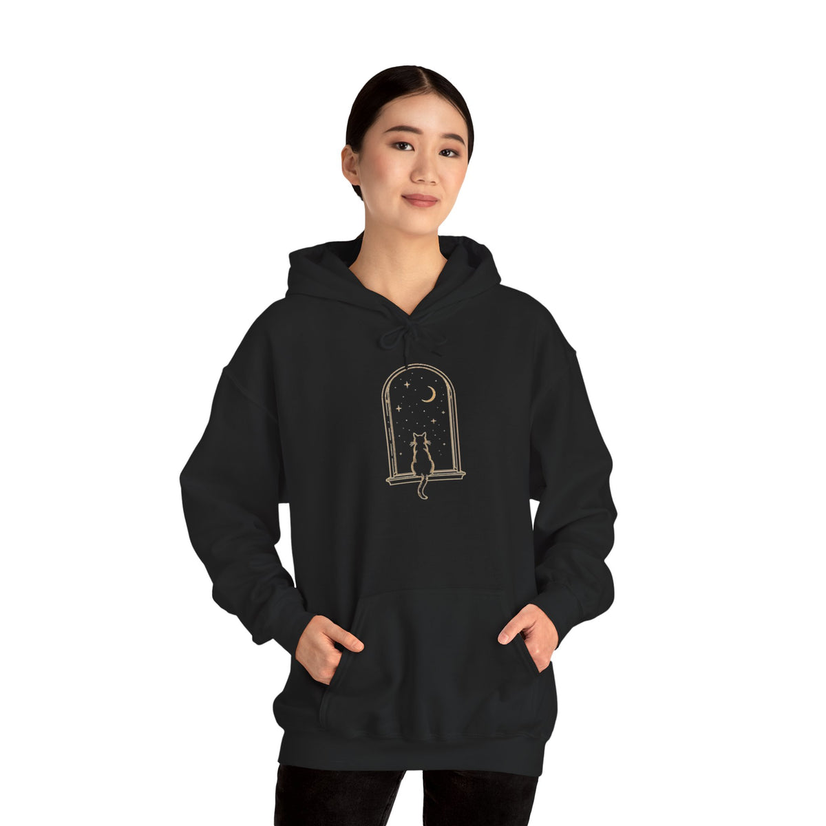 Cat Window Moon Hoodie — Minimal Astro Cat Graphic Sweatshirt