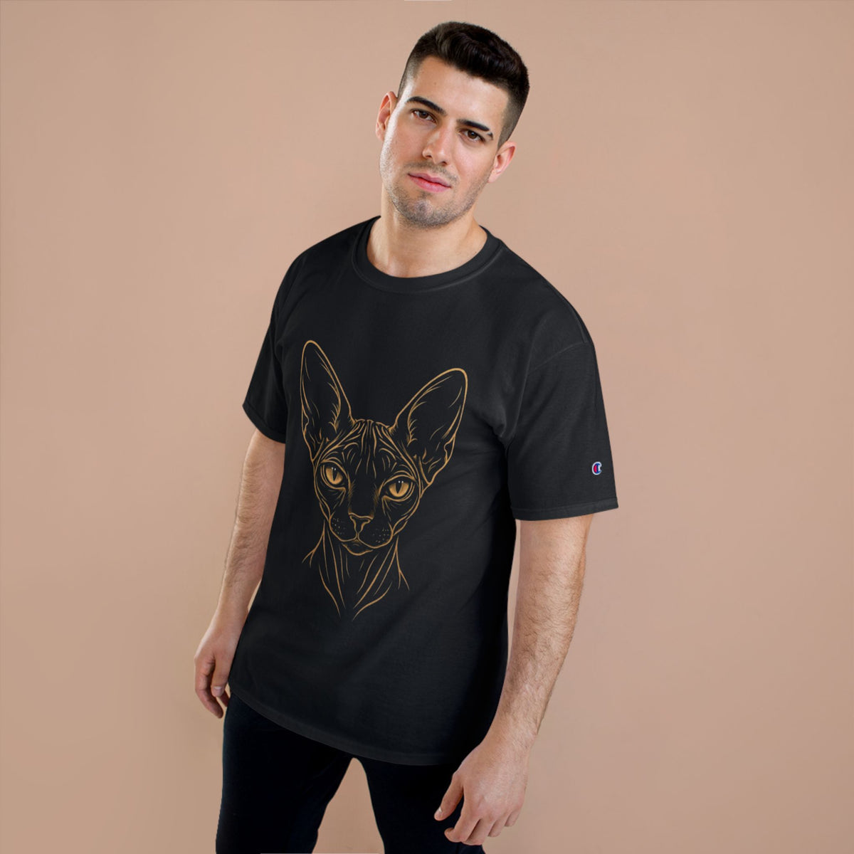 Sphynx Cat Line Art T-Shirt — Gold Outline Minimalist Cat Portrait Tee
